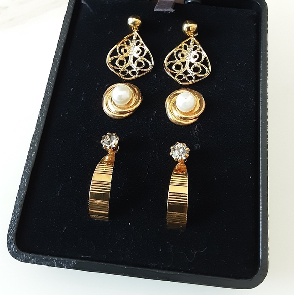 Jewelry - Gold Plated Interchangeable 3 Piece Earrings Set - Vtg - NIB